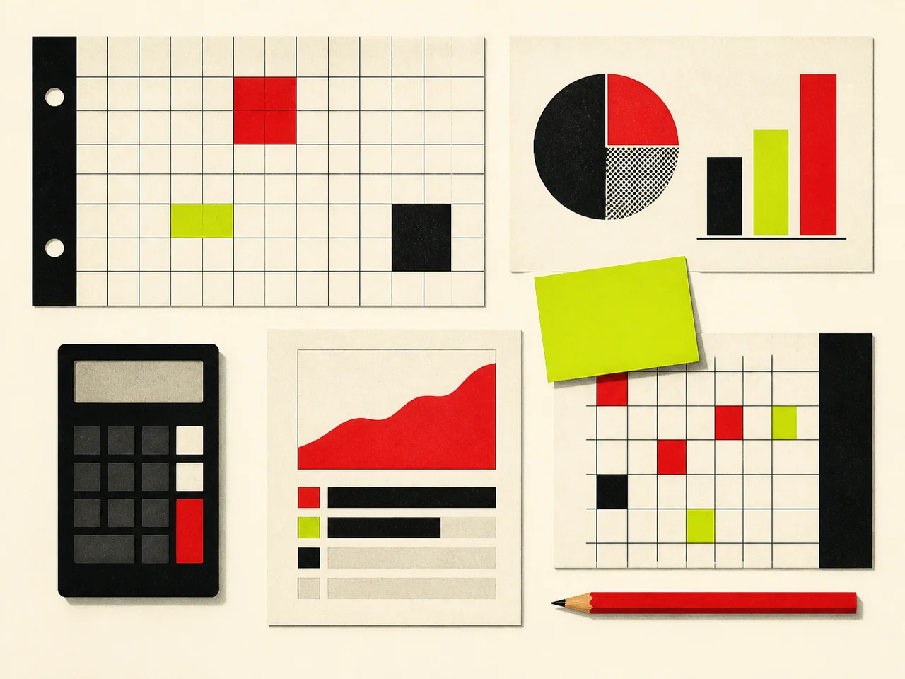 Editorial illustration of business charts, a calculator and planning notes